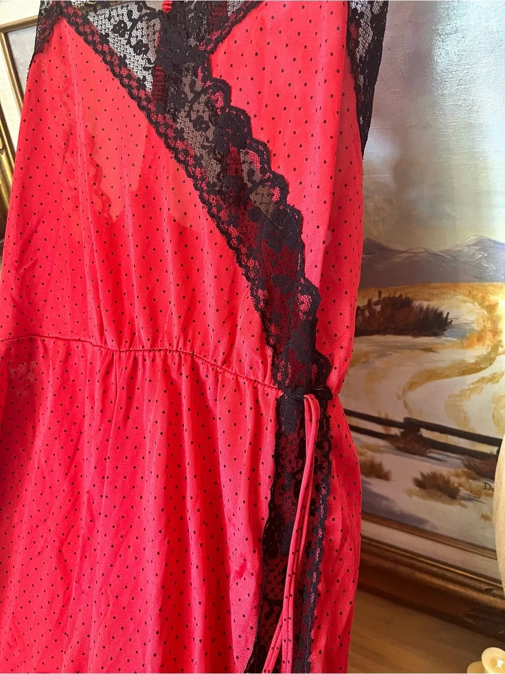 Vintage Petra Fashions Lingerie Babydoll Jumpsuit Red/Black Polka Dot Lace Trim